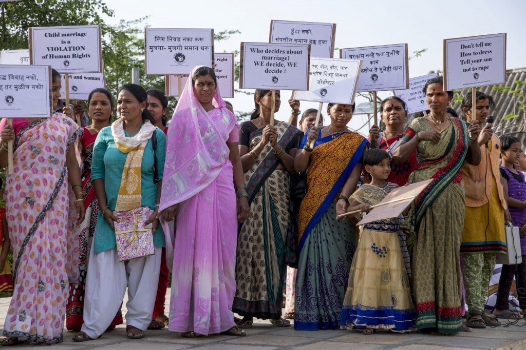 Women and children join community rally against child marriage and domestic violence. The rally was organized by AJWS grantee Masum Foundation, with support from The Kendeda Fund.