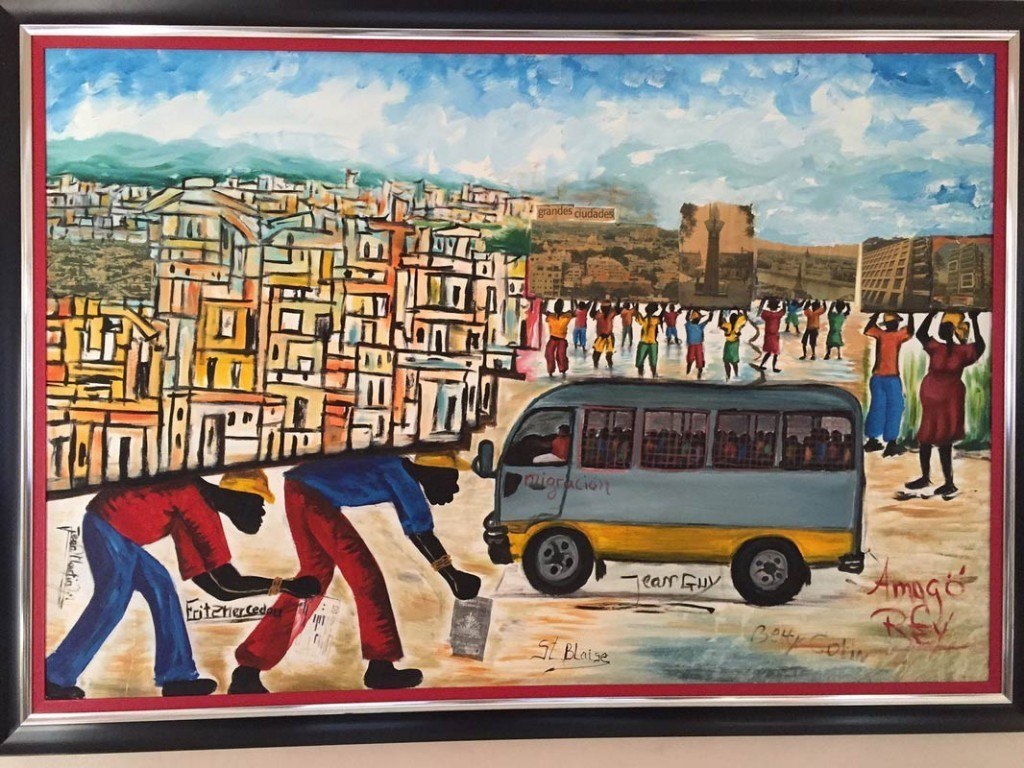 This painting, which hangs in Centro Bono—the Jesuit social center that holds many AJWS grantees—illustrates the citizenship crisis in the Dominican Republic. One of the two workers depicted carries a Haitian passport. To his right is an immigration bus rounding up Haitians to deport. “The paradox of the painting is its suggestion that the Dominican Republic was built on the backs of Haitians and those of Haitian descent—and that the country is literally lifted up and supported by/because of them,” says Rabbi Jeffrey Brown, who visited the social center with a group of other rabbis during a Global Justice Fellowship trip with AJWS. 