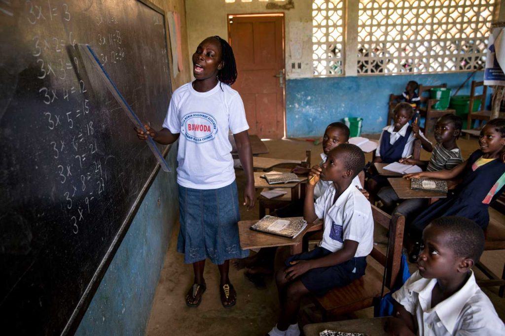 BAWODA member Robertetta Harris teaches kindergarten at a school near her home in Fortsville, Grand Bassa County. A born leader, Robertetta was inspired to run for local office during BAWODA trainings. She now serves as her local ward chief.