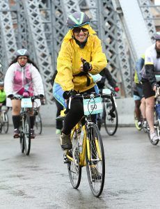 Ruth Messinger crosses the Manhattan Bridge in the 2016 TD Five Boro Bike Tour. Photograph by MarathonFoto