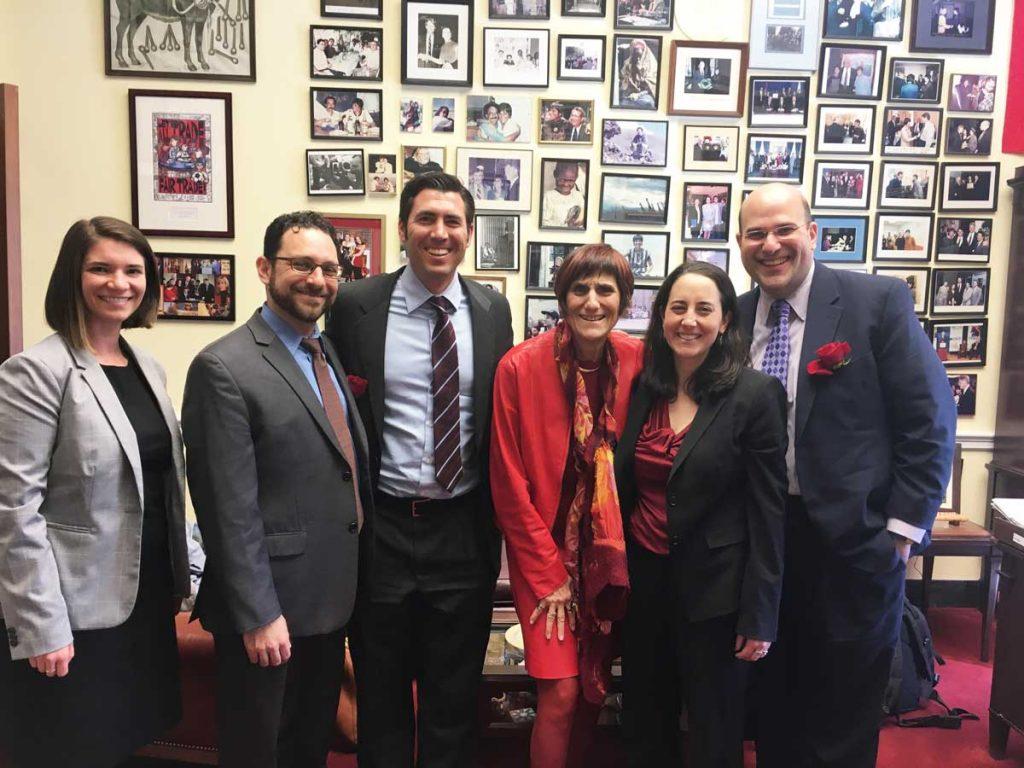 Meeting with Representative Rosa DeLauro in Washington, D.C. Left to right, AJWS staff members Jenn Lavelle and Joseph Gindi, Rabbi Joshua Ratner, Representative DeLauro, Rabbi Annie Lewis, and me. Photo by Richard Greenhouse