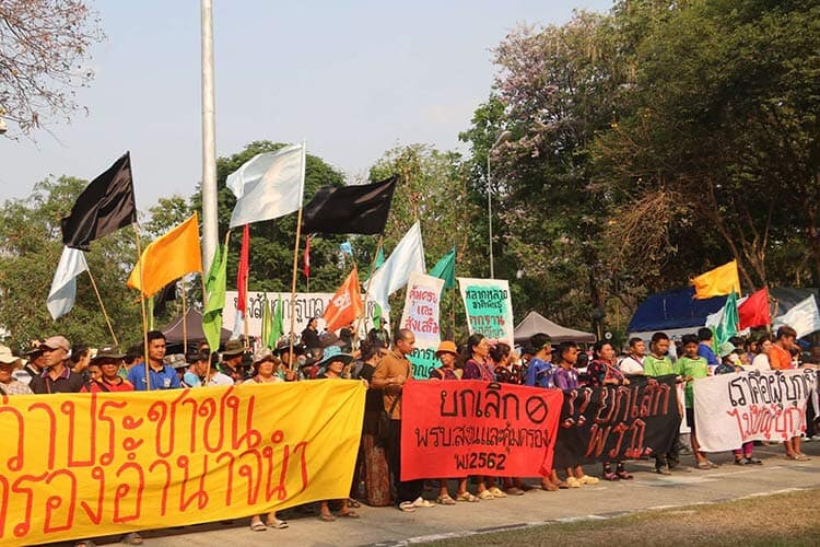 crowd of people at rally holding banners and flags