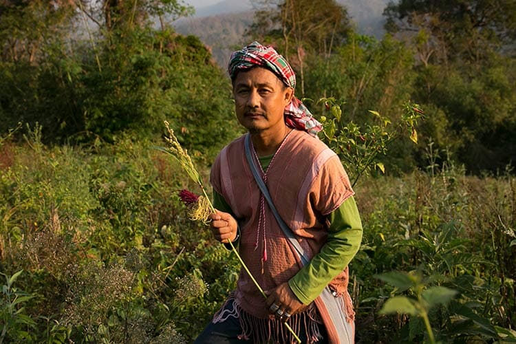 man in a field, wearing a bandana on his head