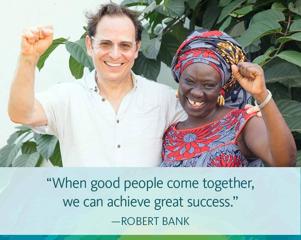 man and woman posing together. quote underneath says "When good people come together, we can achieve great success." -Robert Bank